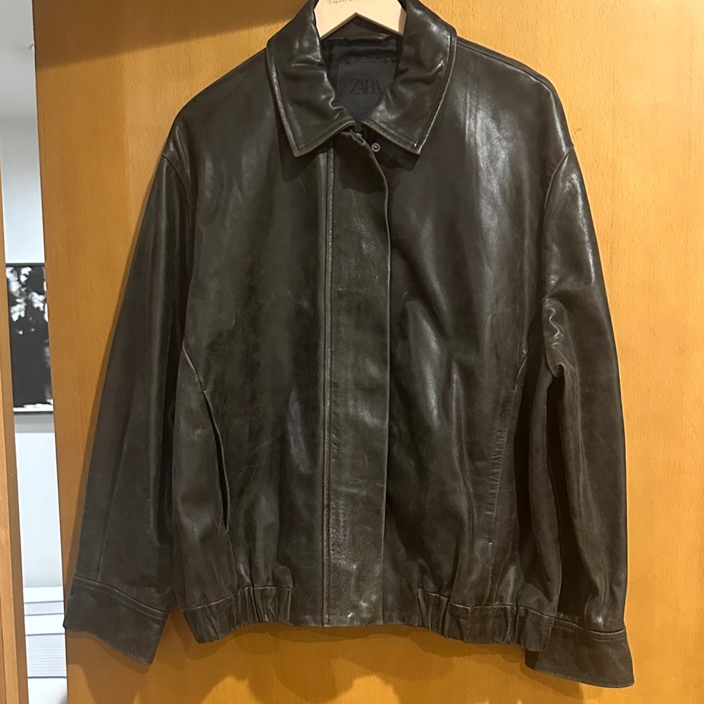 Zara Dark Brown/Gray Oversized Leather Bomber Jacket